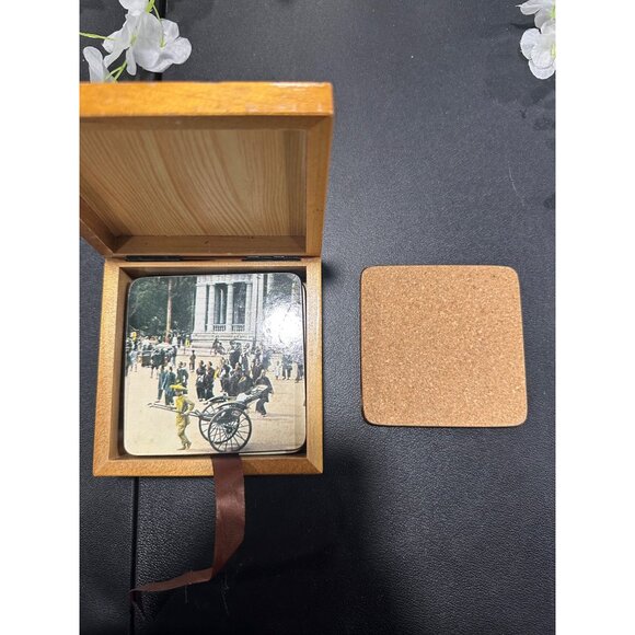 Vintage Wooden Coaster Set With Box Featuring Historical Building Prints - Picture 6 of 7